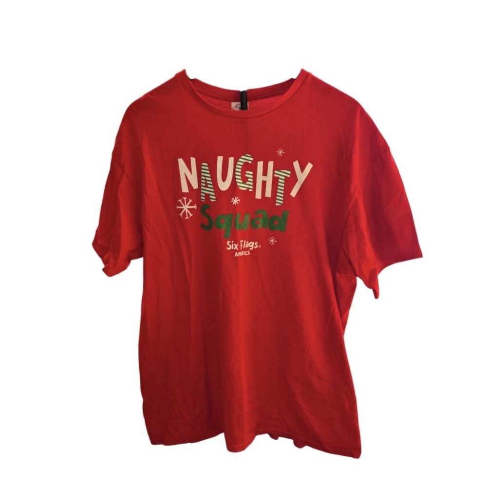 Red and green Naughty Squad Six Flags Christmas T-shirt Size XL